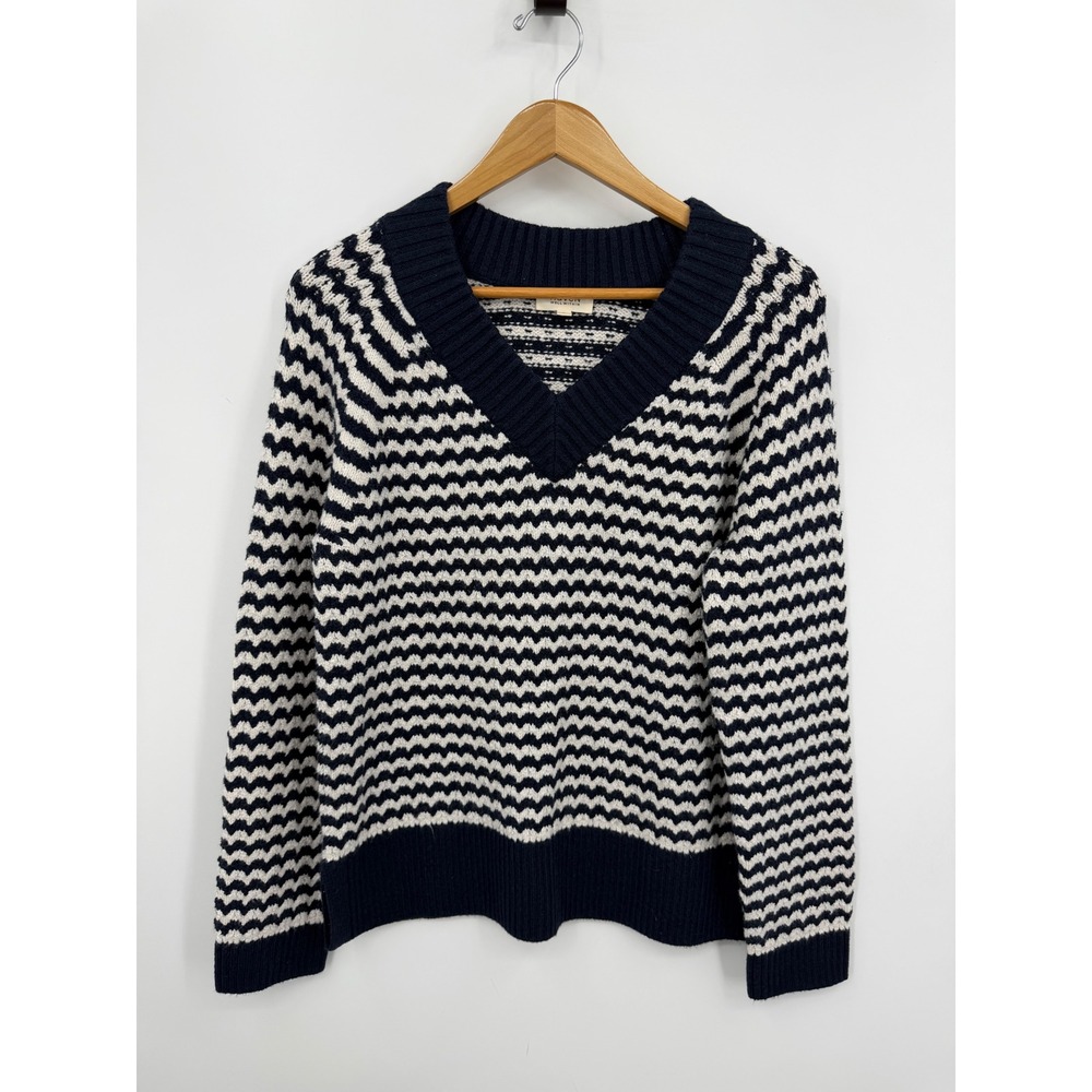 Haven Well Within Organic Cotton Blend V-Neck Sweater S Navy White‎ Zig Zag Knit